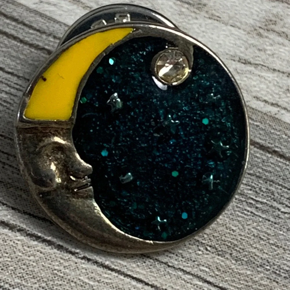 Vintage Treasures & Trinkets Man in the Moon Glitter Enamel Pin Celestial Teal